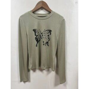 Y2K Butterfly Print Long Sleeve Tee – Crew Neck, Stretch Jersey